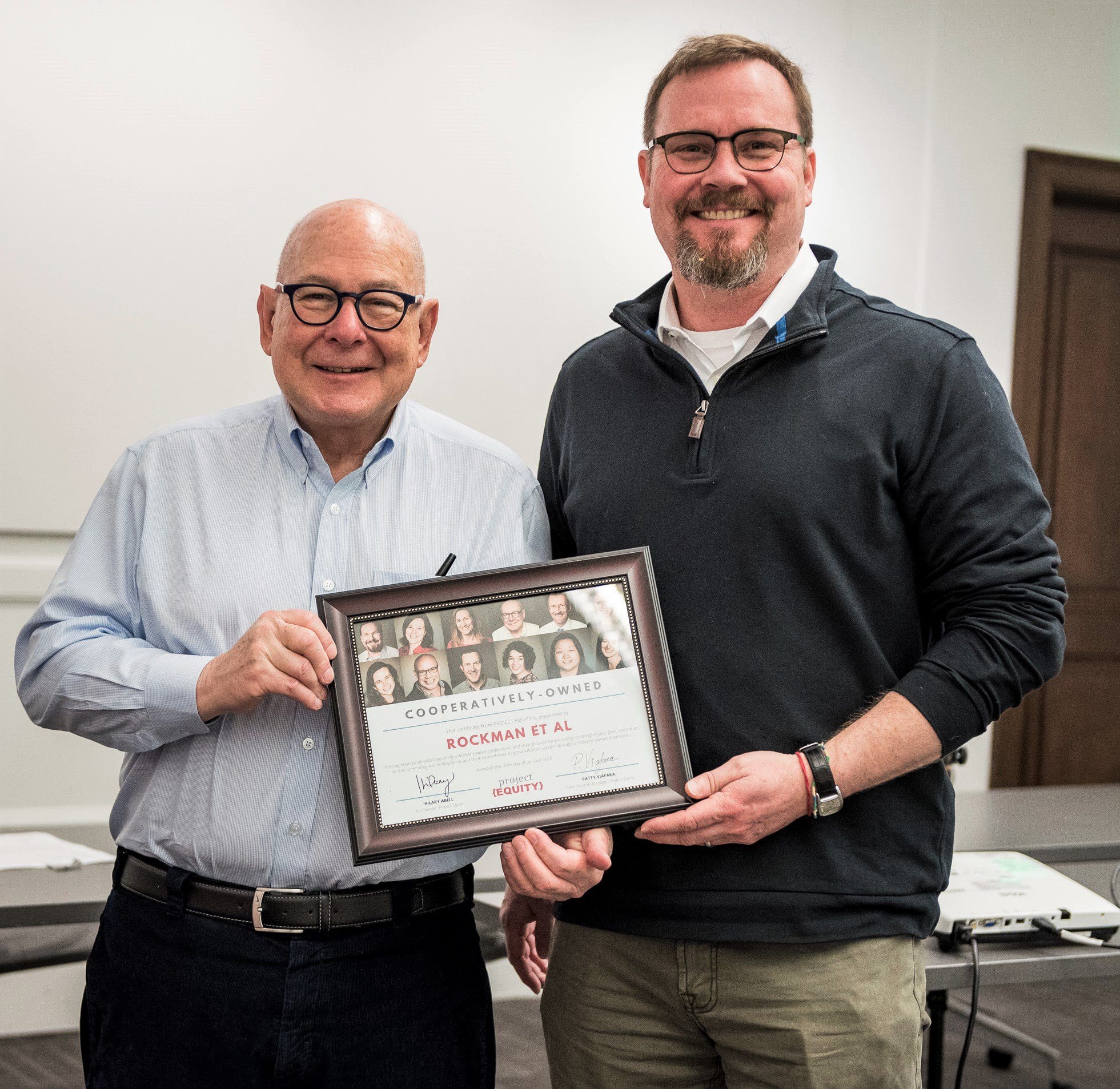 Employee-owners Saul Rockman and David Wilmore received an award from Project Equity at the San Francisco Business Transition & Employee Ownership Forum on January 15th, 2020.