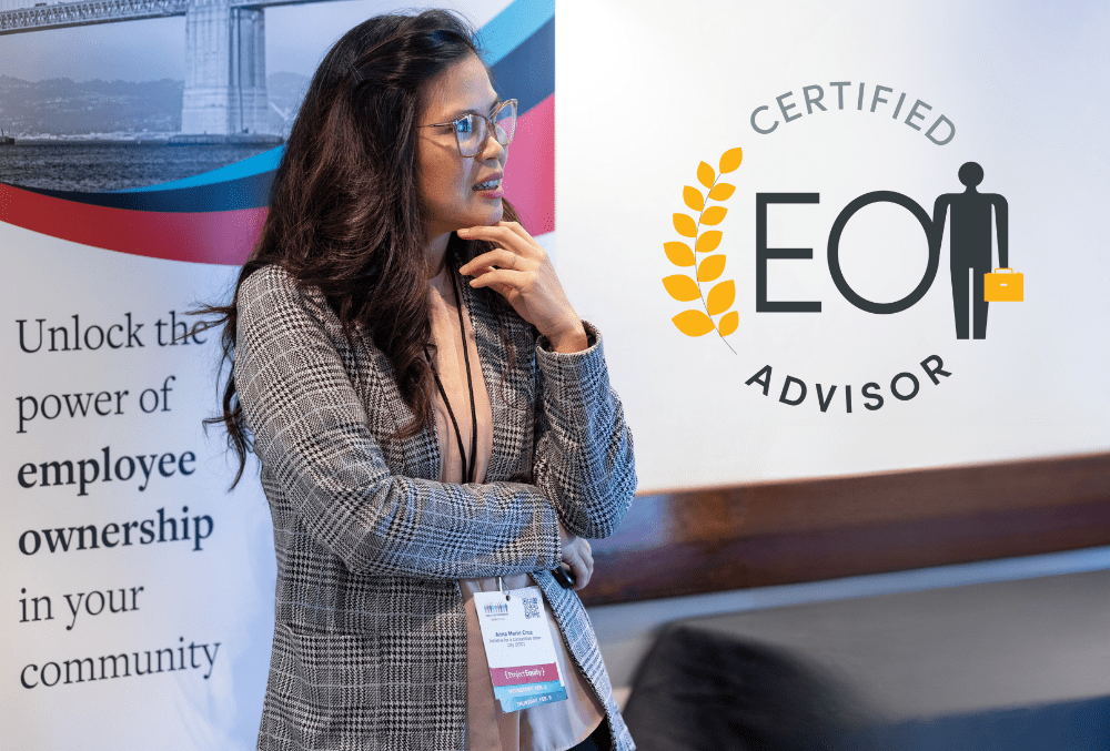 Woman speaking in front of CEOA Program slide