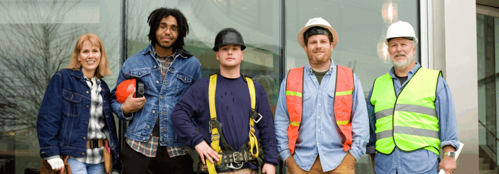 Five employees standing in front of windows